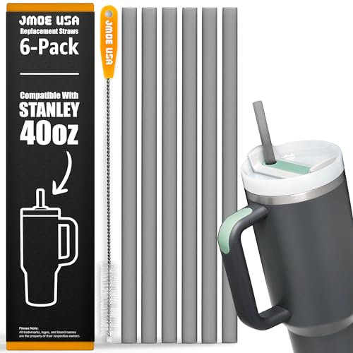 Jmoe USA 12 Straws for Stanley 40oz and 30oz Adventure Quencher FlowState H2.0 | Replacement Plastic Straws for Stanley 40oz Tumbler | 6-Pack Includes Cleaning Brush | Food Grade & BPA Free (Black)