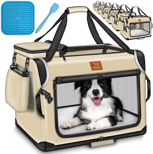 TRESKO® Hundebox faltbar inkl. Leckmatte, Spatel & Reflektoren M 61x42x42cm | Transportbox für Hunde und Katzen | Hundetransportbox Auto für kleine & große Hunde | Hundetasche robust Beige