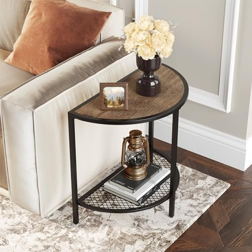 SAYGOER Small End Tables Half Round Moon Side Tables with Black Metal Storage Shelf 2 Tier Modern Couch Tables for Living Room Bedroom,Adjustable Feet,Easy Assembly,Dark Walnut