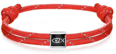 J.Endéar Bracciale Nautico Gesù Pesce | Gioielli Cristiani in Argento 925 per Uomo Donna Ragazzo | Bracciale Paracord per Surfer, Rosso