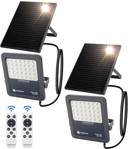Aigostar Foco proyector LED solar con control remoto,Focos solare de 200W,2000LM,luz blanca fría de 6500K,IP65 impermeable Luz solar exterior,para jardín,terrazas,garajes,cable de 2M,Paquete de 2