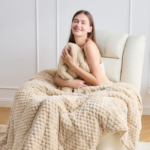 Wemore Fleece-Gewichtsdecke für Erwachsene (152,4 x 203,2 cm, 9 kg, Khaki), doppelseitig, gemütlich, weich, Sherpa, schwere Decke, 3D-Imitat, Schildkrötenmuschel, Warmer Jacquard-Flanell, gewichtete