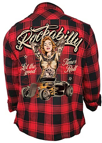 Gasoline Bandit Rockabilly Worker Herren-Hemd schwarz-rot kariert Reine Baumwolle - Let The Good Times roll 5XL