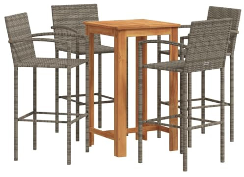 vidaXL Gartenbar Set 5-TLG., Bar Tresen Theke Bartisch Barhocker, Barset Sitzgruppe für Garten Terrasse, Gartentheke Gartenmöbel, Grau Massivholz Akazie Poly Rattan