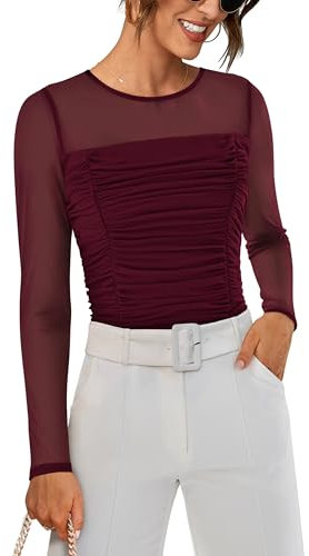 GRACE KARIN Women Slim Fit Ruched Sheer Going Out Skim Top Crew Neck Long Sleeves T-Shirt Burgundy Red S