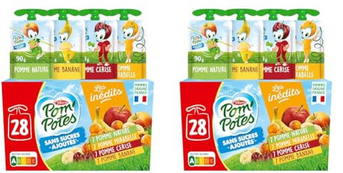 POM'POTES Compote Gourde Sans Sucres Ajoutés Pomme/Pomme Mirabelle/Banane/Pomme Cerise 28x90g, Vert (Lot de 2)
