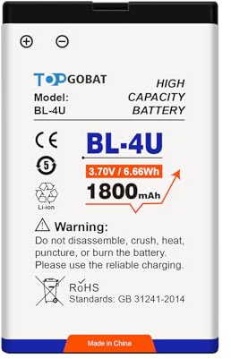 TOPGOBAT Ersatz für BL-4U Akku,1800mAh Hohe Kapazität Kompatibel mit BL-4U Modell (Mit Nokia 301, 3120C, 500, 515, 5250, 5330, 5530, 6600, 8800, C5, E75, Asha 210)