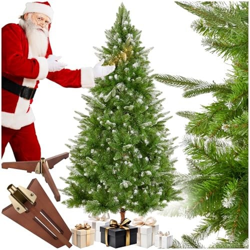 tectake® Künstlicher Weihnachtsbaum, 180 cm, Weihnachtsbaum mit Spritzguss- und PVC-Nadeln, naturgetreu, beschneite biegbare Tannenzweige, Weihnachtsbaum künstlich mit Holzständer als Weihnachtsdeko
