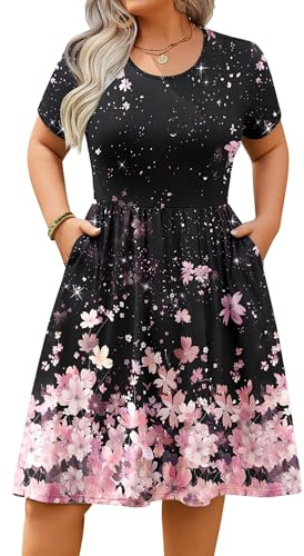 IN'VOLAND Damen-Sommerkleid, Übergröße, kurzärmelig, lässig, Minikleid, Empire-Taille, T-Shirt-Kleid mit Taschen