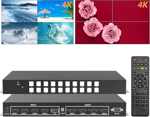 Nahtloser 4x4 HDMI Matrix Switcher Video Wall Controller 2x2 4K60Hz-bit Unterstützung 4HDMI+1DP Eingang, RS232-IR Steuerung, 1x4,3x1,1x2,4x1, 90-180-270° Rotation (4x4 Matrix with Video Wall 2x2-DE)