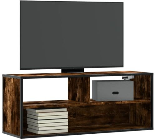 Homgoday Oak Smoked TV Cabinet 100 x 31 x 39.5 cm Engineered Wood and Metal, Hanging TV Cabinet with Shelves, Wall Mounted Floating TV Unit for Living Room, Bedroom