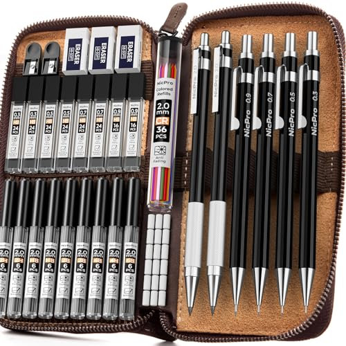 Nicpro 33 Stück Druckbleistift Set im Lederetui, 0,3 0,5 0,7 0,9 und 2 mm Zeichenbleistifte, Minenbleistift zum Skizzieren und Zeichnen, Mechanical Pencil Mit 18 Ersatzminen(6B 4B 2B HB 2H 4H Farben)