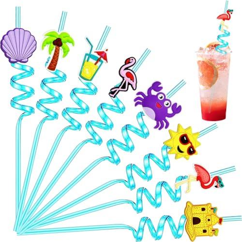 Paille Cocktail, 8 Pièces Sur le Thème de Fête d'été à la Plage d'été | Pailles Spirale Réutilisables Pailles pour les Anniversaires Fournitures de fête Décoration de Fête, réunion de famille
