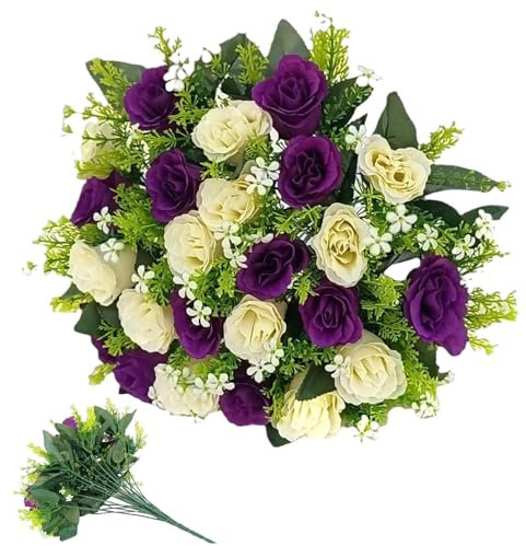 Rosenstrauß 16 Zoll lebensechter Blumenstrauß mit 24 Kopf mit grünen Blättern DIY -freundliche weiße und lila Seide Künstliche Rosen für Vase, Tischmittelstücke..