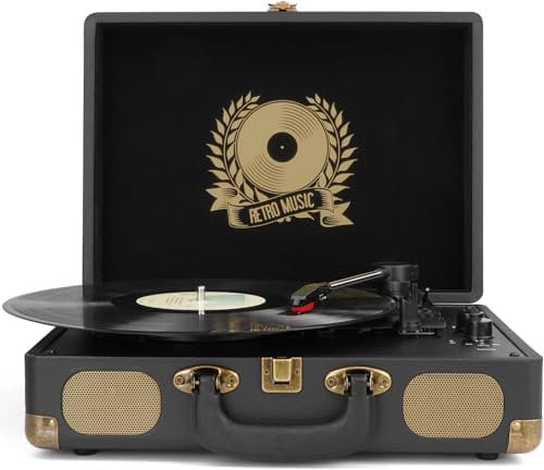Giradischi in vinile Bluetooth a 3 velocità portatile vintage valigia con altoparlanti integrati, RCA Line Out AUX in cuffia jack vintage giradischi nero