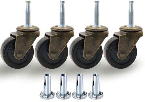 QAVBFA 1-1/2 Inch Antique Brass Caster Wheels, Rubber Casters 5/16 Inch x 1-1/2 Inch (8 x 38mm) Stem Sockets Caster for Sofa, Chair, Cabinet, Dresser Vintage Furniture Set of 4