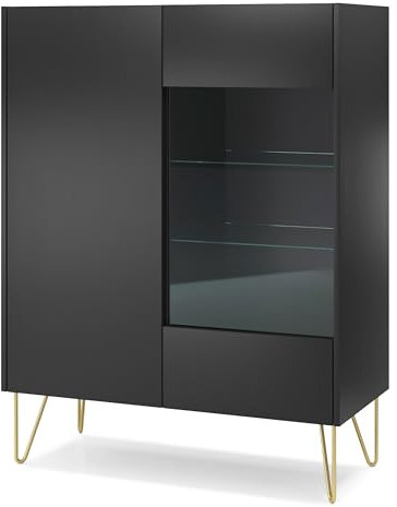 Komodee Canmore - Vitrine WT97, Graphitschwarz, Marmorschwarz, Breite 97 cm, Höhe 122 cm, Tiefe 37 cm