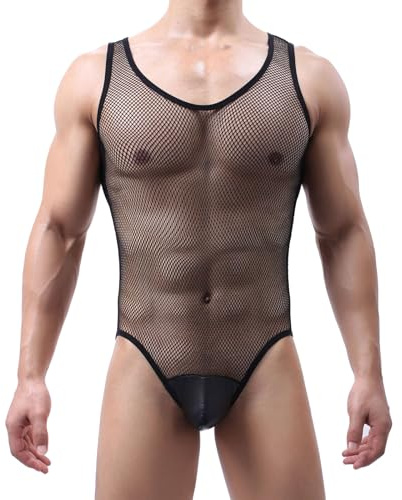 JIAHG Herren Transparent Bodysuit ärmelloser Männer Stringbody mit Trägern erotische Netz Spitze Dessous Herren Unterwäsche