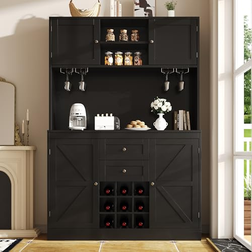 Rvjiahe Küchenschrank mit verstellbaren Ablagen & Weinregal, Hochschrank Küchenbuffet mit 4 Türen & 2 Schubladen, Sideboard für Küche & Wohnzimmer, Buffetschrank, Schwarz (Schwarz)