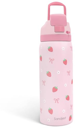 Strawberry Bow Insulated Stainless Steel Water Bottle with Straw for Sports and Travel, 32oz, Gifts for Women Girls Friends Teens Birthday Christmas