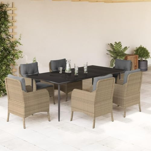 Qnhdfrt Garten Essgruppe Set 6 Stühle mit Kissen PE Rattan Outdoor Tisch 200x100 cm Schwarz Beige für Terrasse Garten Balkon