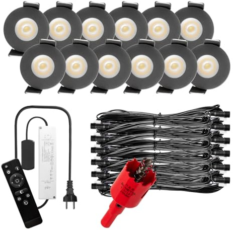 S-Polytec PREMIUM Mini LED- Einbauspots Kaltweiss 6.000K, DIMMBAR, IP65, FUNK 3W Einbaustrahler Terrassenüberdachung, Bad, Sauna mit Fernbedienung (ANTHRAZIT, 12x LED-SET (Kaltweiß))