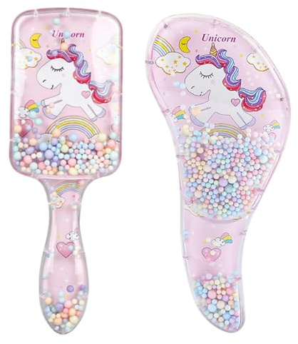 2 Stück Kinder Haarbürsten Einhorn, Entwirrbürste für Mädchen und Jungen, Cartoon Haarbürste Kinder, Sanfte Detangler Bürste für Nass und Trockenes Haar, Mit Glitzer und Beweglichen Figuren (A)