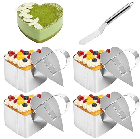 Liuliushun 4 Stück Tortenring, Dessertringe, Edelstahl Servierringe Set, Speiseringe, Backringe mit Deckel, für Dessert Mousse Kuchen Gebäck Backzubehör, mit Schaber(herzförmige, 8,5 x 7,7 x 4 cm)