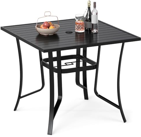 COSTWAY Gartentisch Metall mit Schirmloch, 91x91 cm | Balkontisch für 4 Personen, quadratischer Terrassentisch, Outdoor-Esstisch für Garten, Terrasse, Balkon, Schwarz