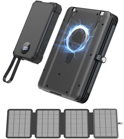 YELOMIN Solar Power Bank 10000mAh with 4 Panel Foldable Solar Charger,Portable Charger with 3 Built-in Cables, 15W Wireless Charging, USB-C in/Outputs, Emergency Flashlight for Outdoor Camping Hiking