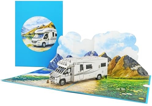 Favour Pop Up Grußkarte Camper Van am Bergsee – 3D Handgemacht 15x20 cm – Gutschein- & Geldgeschenk-Karte für Camping, Vanlife & Bergliebhaber inkl. Umschlag XP845