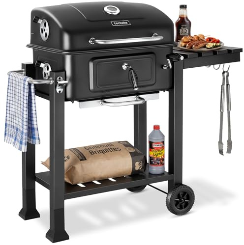 tectake® Barbecue Carbonella Portatile 110x64x104 cm, Griglia Barbecue in Acciaio, 3 Ganci, 2 Ruote, Cassetto per Carbone Bbq, Termometro nel Coperchio, Apribottiglie, per Giardino e Campeggio - Nero