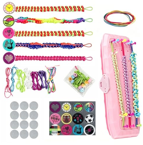 DiiWmme Freundschaftsarmbänder Armbänder Selber Machen Webrahmen Set | mit Mehrere Farben Geflochtenes Seil & Zubehör, DIY Bastelset für Kinder ab 14 Jahren, Integrierter Speicher（Rosa）