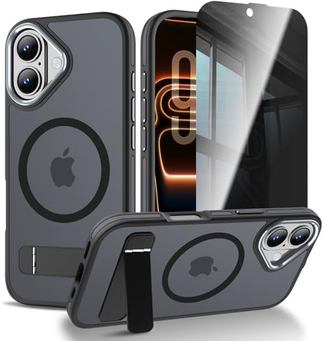 Oyfcasel Hülle für iPhone 16 MagSafe Militärischer Fallschutz Integrierter Ständer Transluzente Matte Rückseite Fingerabdruckfest rutschfest Inklusive Anti-Spy Sichtschutzfolie - Schwarz