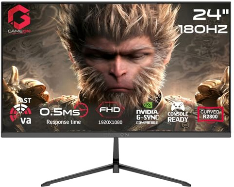 GAMEON GC24F180VA Pro Series 24 Inch R2800 Curved Gaming Monitor, FHD 1920 x 1080, 144Hz OC to 180Hz, 0.5ms MPRT, Fast VA, HDMI 2.1, DP 1.4, HDR, FreeSync, Built In Speakers, VESA 75x75, Black
