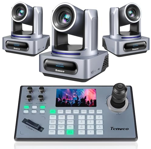 Tenveo PTZ Camera and Controller Bundle - 4K NDI PTZ Camera(3PCS) 20X Optical Zoom AI Tracking SDI/HDMI/USB3.0/LAN(PoE) and 5'' Screen PTZ Joystick Controller Kit for YouTube OBS Live Streaming