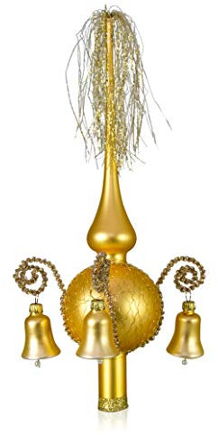 Lauschaer Glas Weihnachtsbaumspitze mit Glöckchen Gold matt, umsponnen L ca. 28cm d(Kugel) 7cm Christbaumschmuckspitze mundgeblasen,handdekoriert,Leonischer Draht