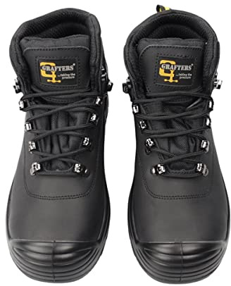 Mens Grafters BLACK Leather Waterproof Wide Fit Lace Up Safety Boots M9508