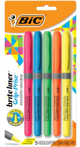 BIC Brite Liner Grip Highlighter, Chisel Tip (1.6 mm), Assorted Colors, For Broad Highlighting & Fine Underlining, 5-Count