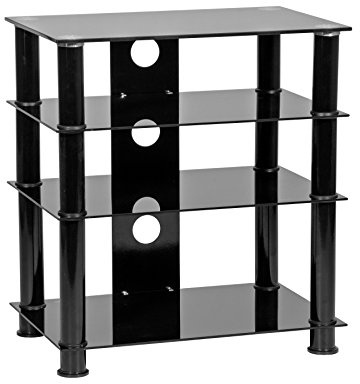 MMT Furniture Designs Record Player Stand Hi-Fi Unit - Black Glass TV Stand Cabinet with 4 Shelves, 650cm Tall - Elegant Hi-Fi Stand for Record Player, AV Rack, and Media Equipment | 650cm Tall, Elegant Hi-Fi Stand for Record Player, AV Rack, And Media Equipment