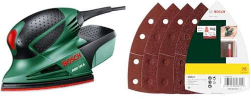 Bosch PSM 100 A Levigatrice multiuso Nero, Verde, Rosso 100 W + Set di Fogli Abrasivi per Levigatrice Palmare