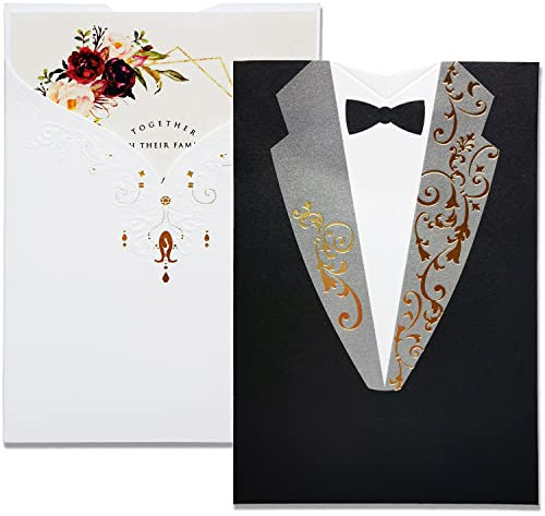 FLZOPYNE 50X Einladungskarten Hochzeit Karten Kits Schwarz & Weiß Abendkleid Papier Karton Verlobungsring Design 50 Stücke inkl Umschläge Party Favors