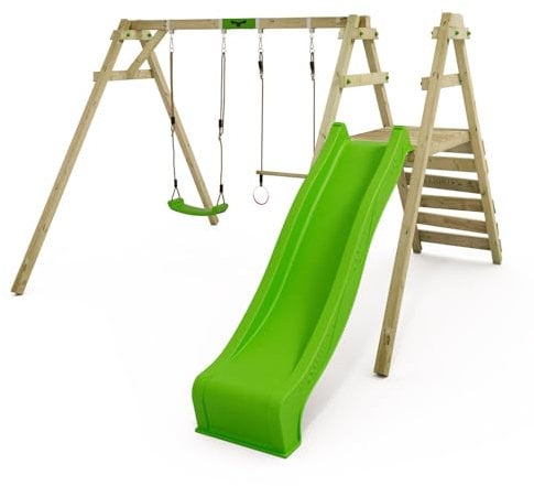 FATMOOSE Balançoire pour Enfants Portique de balançoire JollyJack - Balançoire Double avec Toboggan Vert Pomme et annexe à Grimper, balançoire en Bois pour Enfants dans Le Jardin