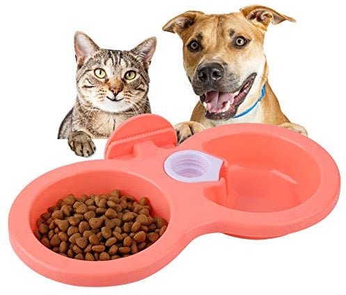 Dual Hanging Pet Bowl for Dogs Cats Rabbits Birds - Pet Food and Water Feeder with Cap Fastener for Dog Crates and Pet Cages (Pink)