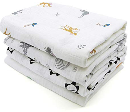 ALBOYI 4 Pack Baby Muslin Washcloths, Cotton Soft & Absorbent Muslin Newborn Towel 120cm × 110 cm, Large Gauze Squares Babies Swaddle Blanket Shower Wipes (Fox/Giraffe/Panda/Deer & Rabbit)