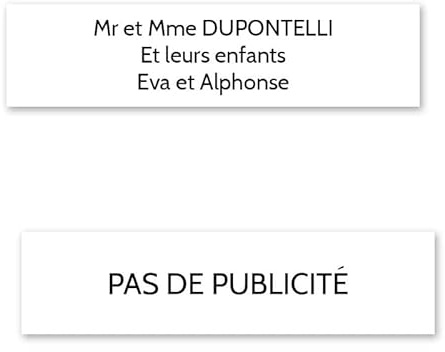 DECOHO Plaque nom + Plaque Stop Pub pour Boite aux Lettres Format Decayeux (100x25mm) Blanche Lettres Noires - 3 Lignes - 2,5