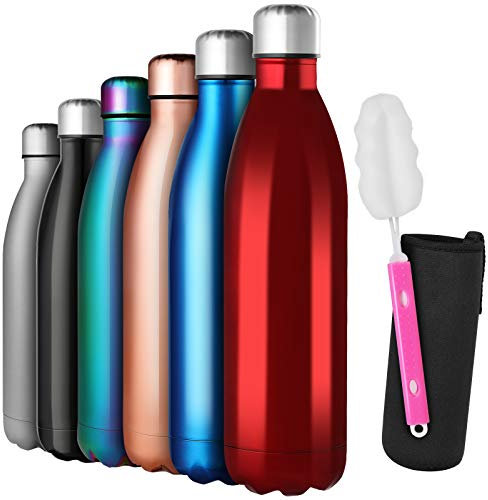 GeeRic Gourde Isotherme 750ML, Gourde INOX Isotherme à Double Paroi Isolée sous Vide 12 Heures Chaudes et 24 Heures Boissons Froides Bouteilles Rouge