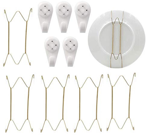 Yitaocity Confezione da 5 ganci a molla in acciaio inox placcato oro per appendere piatti da parete decorativi + 5 ganci da parete (20,3 cm)