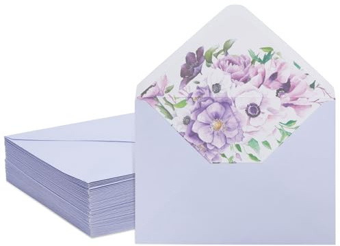 Paper Junkie Wedding Invitation Envelopes - A7, Lavender Purple, Floral-Lined, 50 Pack - Ideal for Wedding Thank You Cards with Envelopes, Stationery & Postcards for Mailing