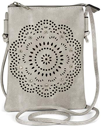 styleBREAKER Mini sac à bandoulière pour femme avec motif découpé au laser et strass, Pochette pour téléphone portable, sac à main 02012367, couleur:Gris clair